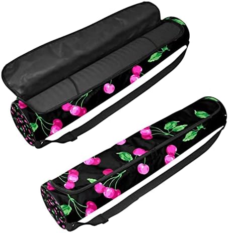 Yoga Mat Bag, acuarelă Cherry în fundal negru exercițiu Yoga Mat Carrier Full-Zip Yoga Mat Carry Bag cu curea reglabilă pentru