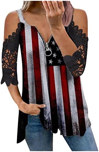 Statele Unite ale Americii Ziua Independenței Topuri femei dantela maneca scurta V gât Spandex sexy Low Cut croșetat Bluze