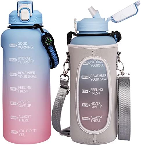 Seekua Half Gallon / 64 oz Sticlă de apă mare cu paie și marcaj de timp reutilizabil BPA fără motivațional Sticlă de băut motivațional