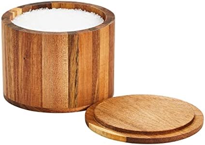 Pivniță de sare din lemn cu capac pentru bucătărie, blat, cutie rotundă de depozitare cu capac detașabil pentru condimente,