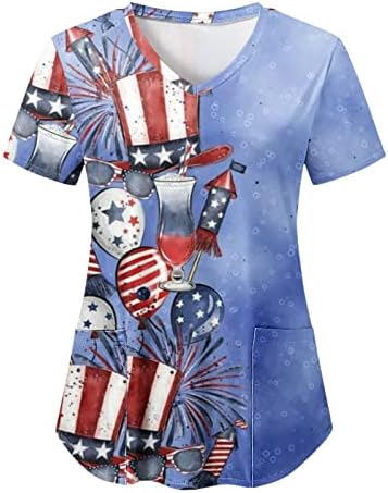 4 iulie bluza pentru femei American Flag vara maneca scurta V Neck Camasi cu 2 buzunare Bluze vacanță Casual Workwear