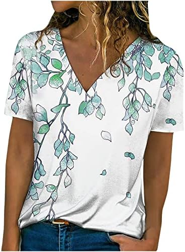 Femei de vară casual v tricouri gât de gât drăguț topuri cu mânecă scurtă frunze la modă tunică de imprimare