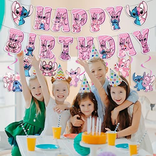 Stitch Ziua de nastere decoratiuni Stitch roz Happy Birthday Banner agățat Swirls pentru ziua de nastere Partidul Consumabile