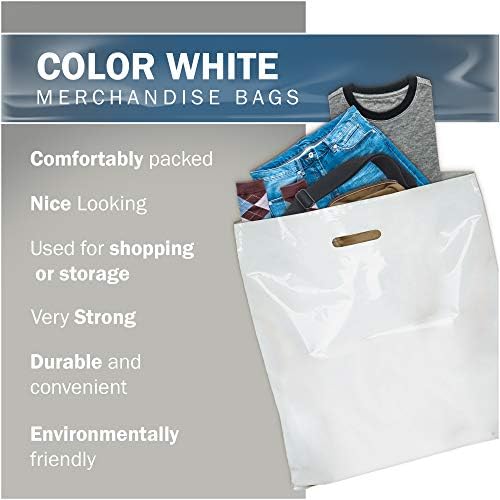 Genti de mărfuri albe mari mari - plastic lucios Perfect pentru retail - 50 pachet 26 x 26 x 3 mil grosime - mânere tăiate