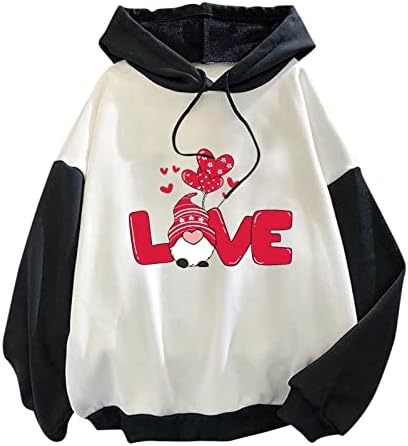 Hoodies pentru Ziua Îndrăgostiților pentru femei Iubesc inima Grafică cu glugă tipărită Gnomi drăguți cu mânecă lungă topuri