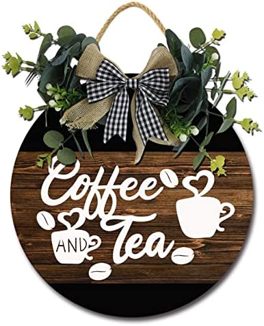 Semn de cafea Isaric Coffee și ceai Bar Semn din lemn Hanging Decor Semn 11*11inch rotund rotund rotund din lemn coroane de
