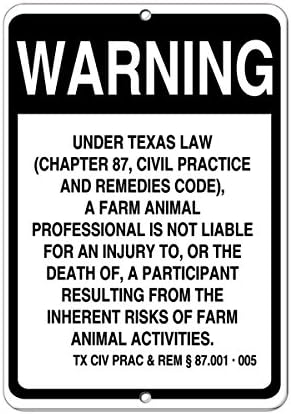 Semn de metal vertical din aluminiu Dimensiuni multiple Texas Law Farm Animal Profesionist Nu este răspunzător Deces Statul