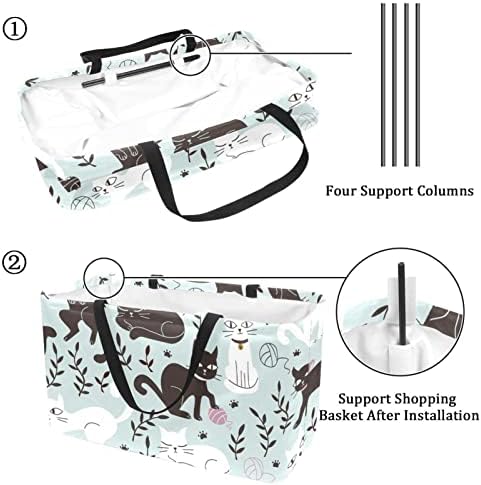 Coș de cumpărături reutilizabile Pisici în stil doodle Portabil Portabil Picnic Genti alimentare pentru coșuri de spălătorie