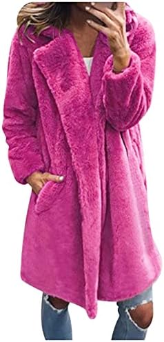 Jacheta solidă de iarnă pentru femei reverul lung cald cald de pluș de pluș de pluș în afara hainelor exterioare cu buzunare