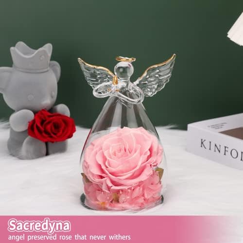 Sacredyna 6.6in Big Angel Cadouri de ziua de naștere pentru femeile mamei bunicii, trandafir real conservat în figurină înger