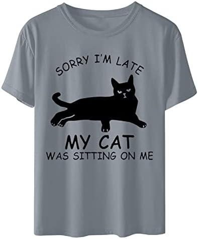 Bluze de echipaj gri pentru adolescente fetiță vara cădere cu mânecă scurtă pisică scrisoare grafică liberă potrivită tricouri