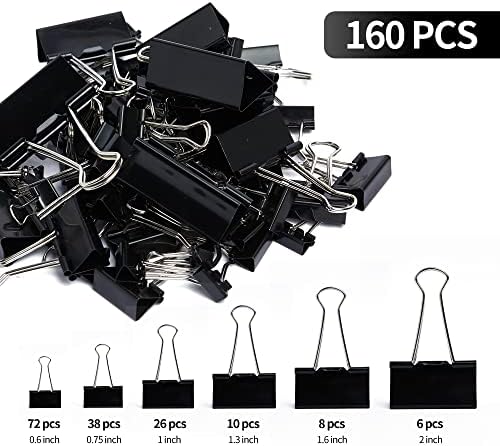 Clipuri de liant Mzueur, clipuri de liant de dimensiuni asortate de 160 pc, cleme de hârtie de liant din metal negru, agrafe