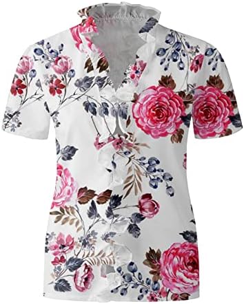 Topuri cu mânecă scurtă casual pentru femei Cute Ruffle V Tricouri pentru gât vara Floral Gradient Floral Gradient Tricou Bluze