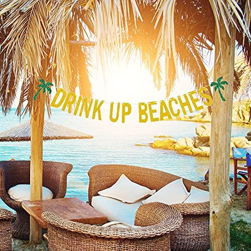 Bieufbji beat up plaje banner coconut copac banner auriu Glittery Hawaii Decorațiuni pentru petreceri, Tropical Summer Beach
