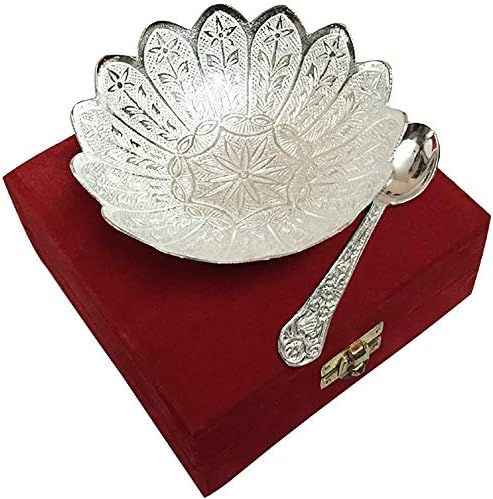 Bol placat cu argint floare de lotus în formă de lingură de 5 inci diametru cu cutie frumoasă, cel mai bun pentru cadou de întoarcere Diwali Cadou