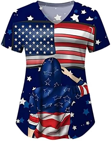 4 iulie Tricouri pentru femei American Flag vara maneca scurta V gât Tees cu 2 buzunare Bluze vacanță Casual Workwear