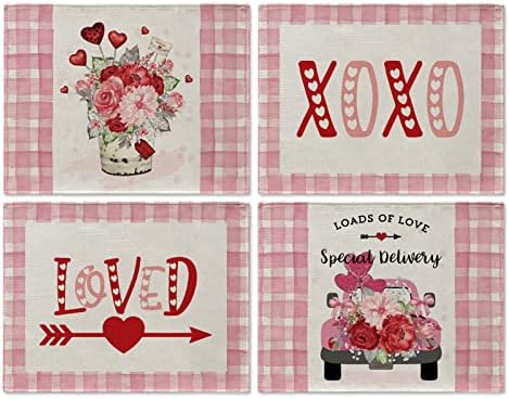 Ziua Îndrăgostiților Placemats Set de 4 Buffalo carouri dragoste xoxo Camion trandafir flori 12 x 16 Inch Happy Valentine '