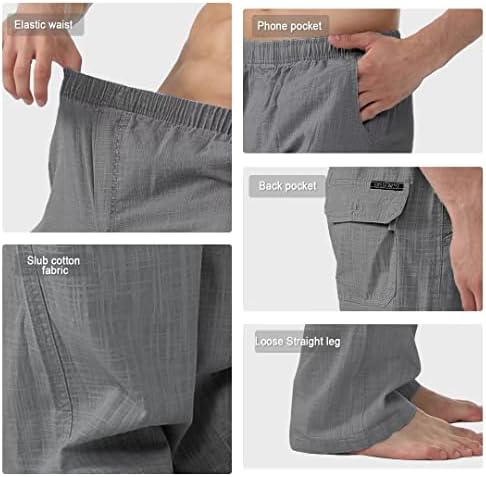 Pantaloni de lenjerie pentru bărbați cargomeri pentru bărbați pentru picioare drepte, talie elastică, talie de vară liberă