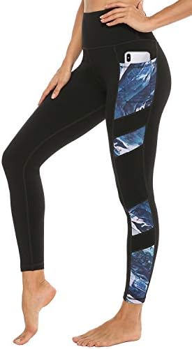 Pantaloni de yoga tipăriți pentru femei cu 2 buzunare, talie înaltă, neexploatat Control de burtă