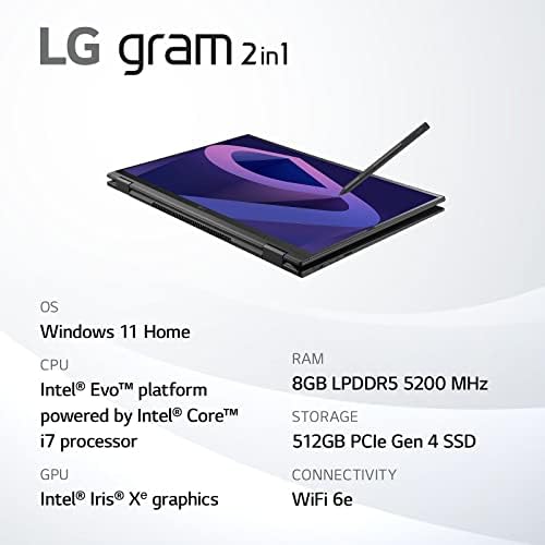 Laptop LG gram 14t90q 2-în-1 ecran tactil de 14, Intel Evo 12th Gen Core i5, 16 GB RAM, 512 GB SSD, Windows 11, Negru