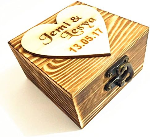 Personalizat Rustic inel de nunta cutie titularul caseta personalizat numele și data inel de nunta purtător cutie