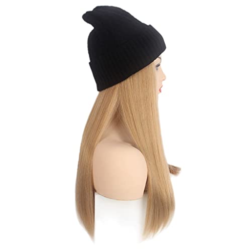 KLKKK moda Europene și americane Doamnelor păr pălărie negru tricotate pălărie Peruca Lung drept Blonda peruca si palarie